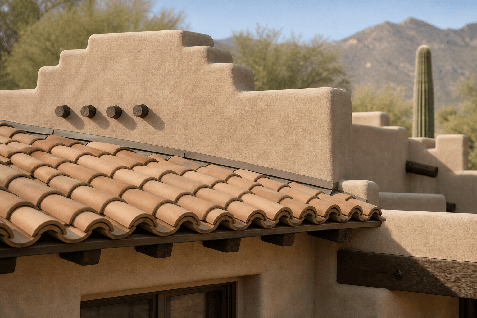 Pueblo Revival estate with profile-matched concrete tile and exposed vega beams